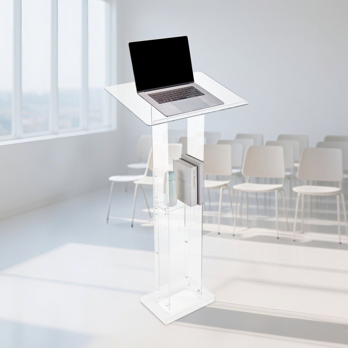 Clear Acrylic Lectern Podium Stand, 50 Inch, with Storage Shelves