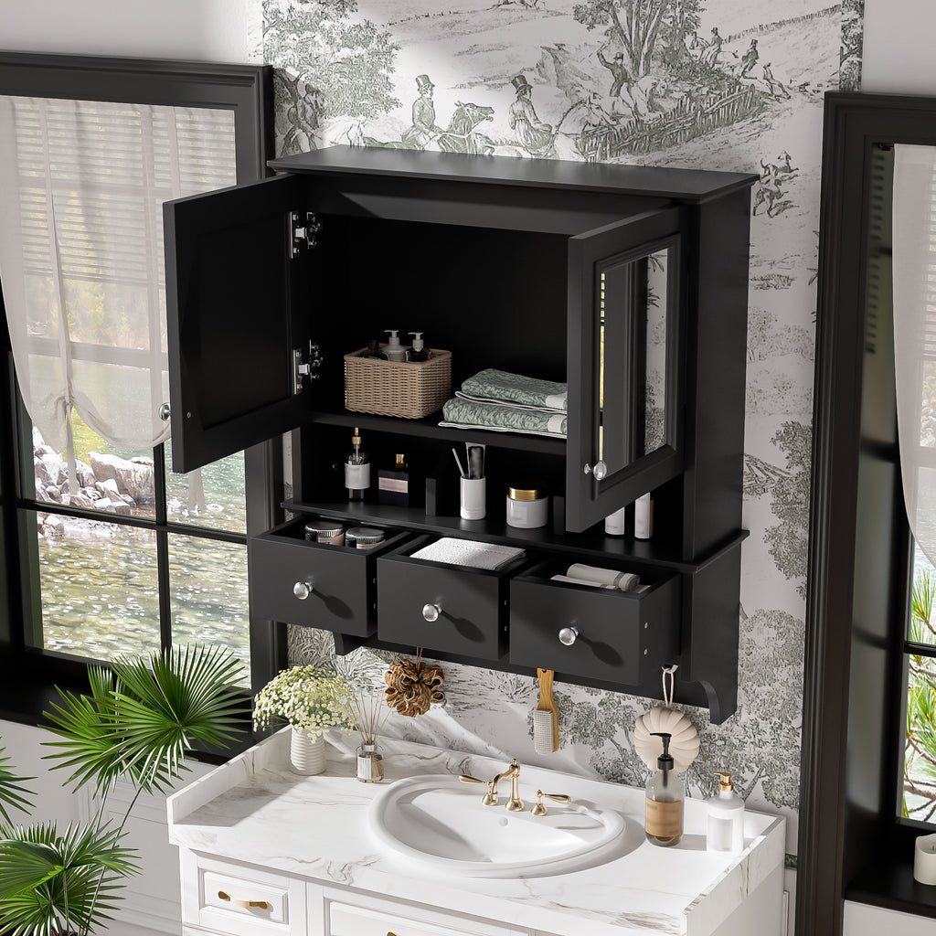 4-in-1 Bathroom Mirror Cabinet 24 in with Drawers and Hooks, Black – image 2