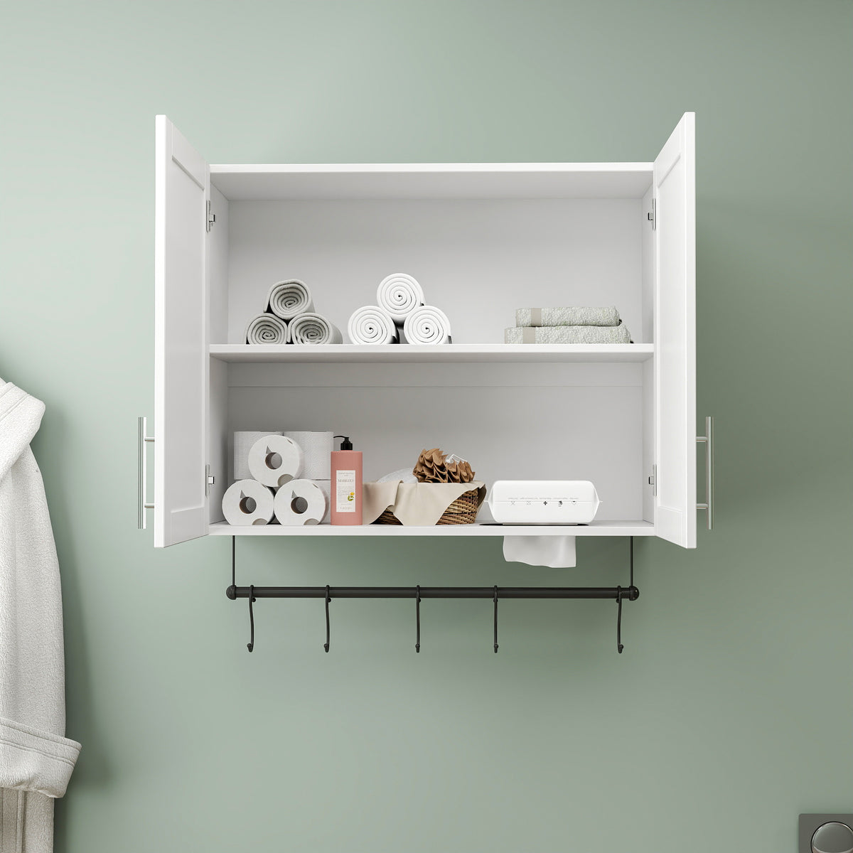 Bathroom Wall Cabinet with Towel Bar, Adjustable Shelf and 5 Hooks – image 6