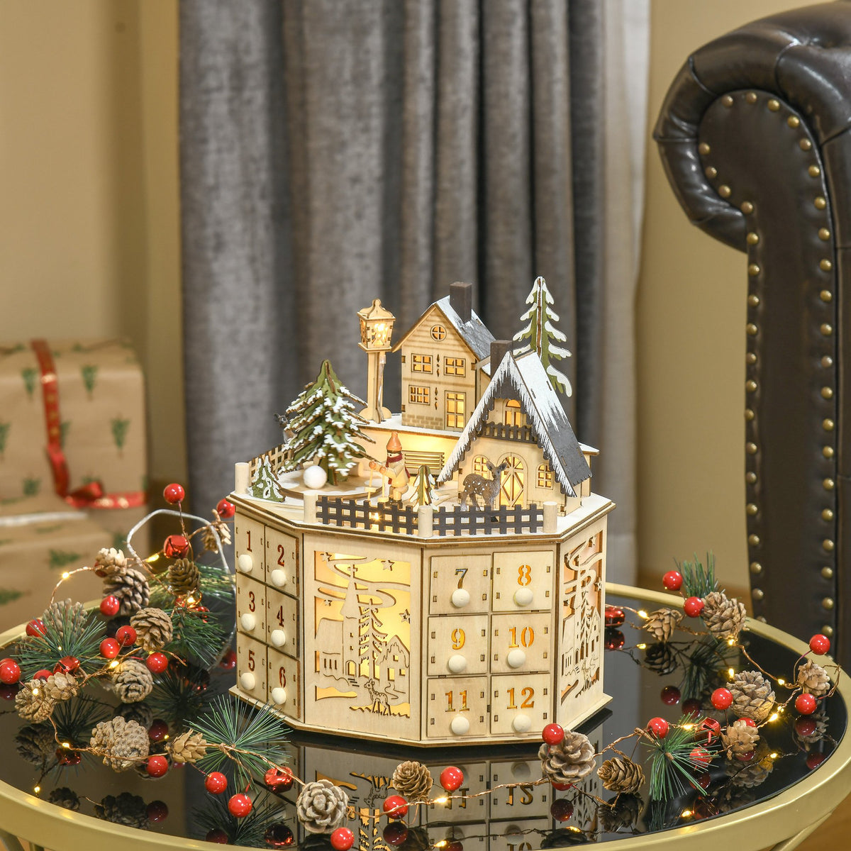 Light-Up Christmas Advent Calendar, Wooden Village with Drawers – image 7