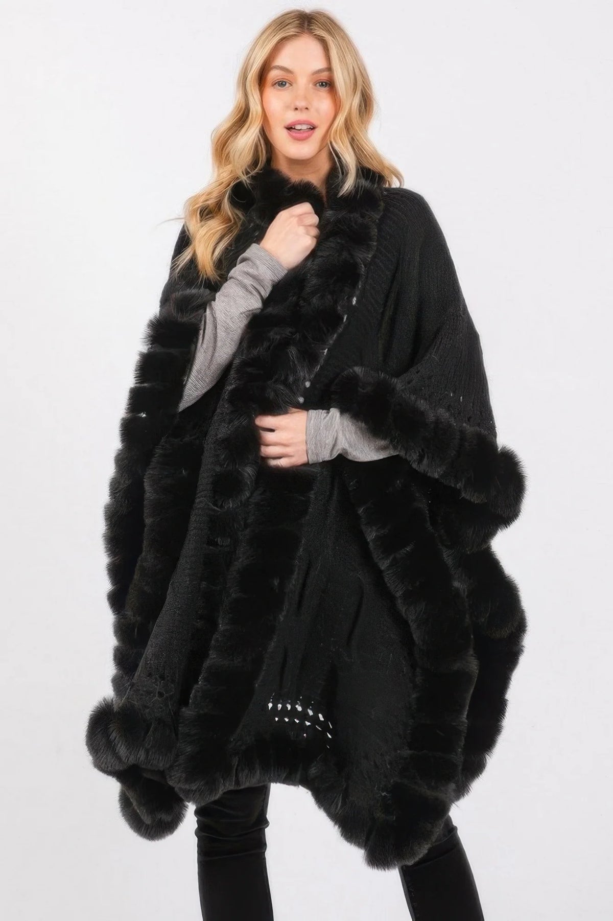 Faux Fur Collar Cape with Front Closure – Burgundy Winter Wrap – image 1