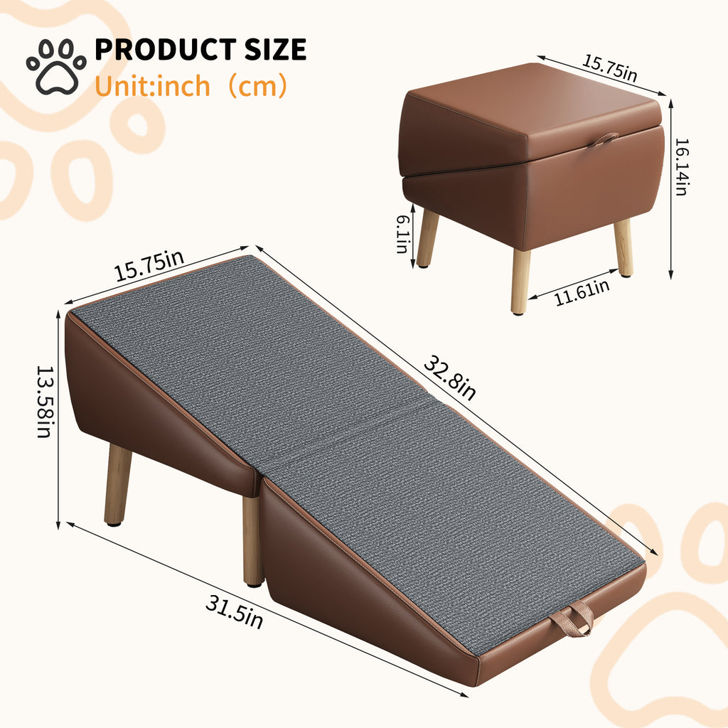 Dog Stairs and Ramp 2-in-1, Wooden Ottoman Pet Steps for Couch, Brown – image 3
