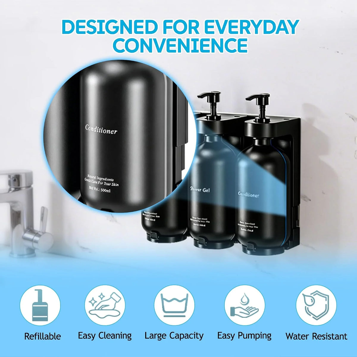 Shampoo Dispenser Wall Mounted 3-Bottle Shower Set – image 5