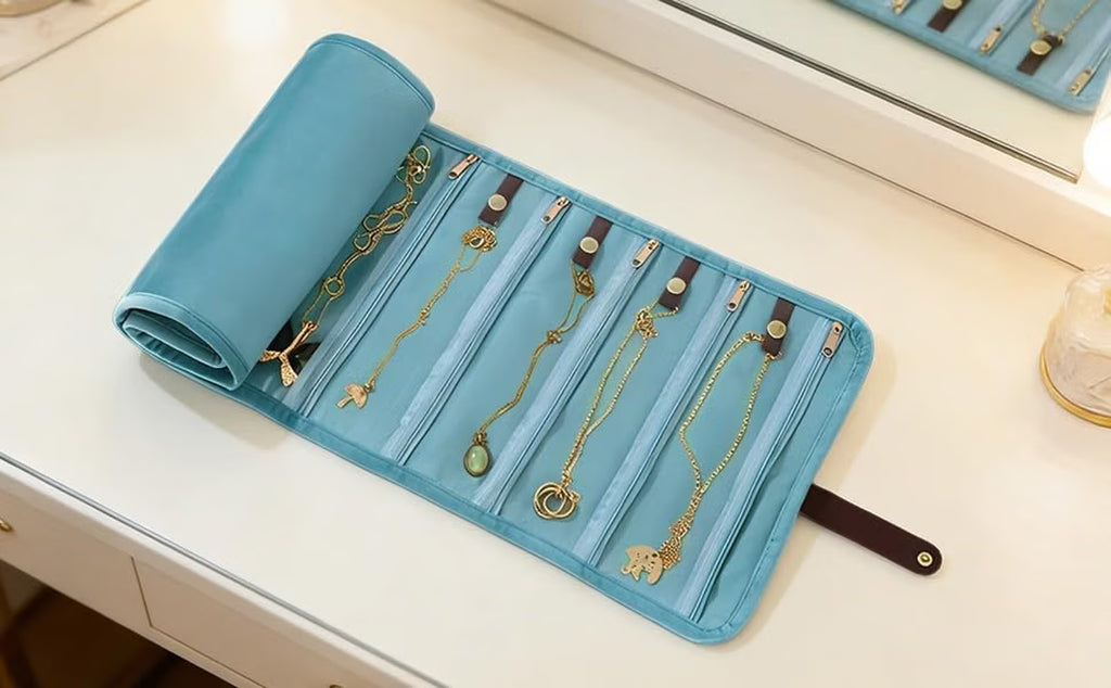 Jewelry Travel Case – Velvet Roll-Up Organizer, Sky Blue – image 3