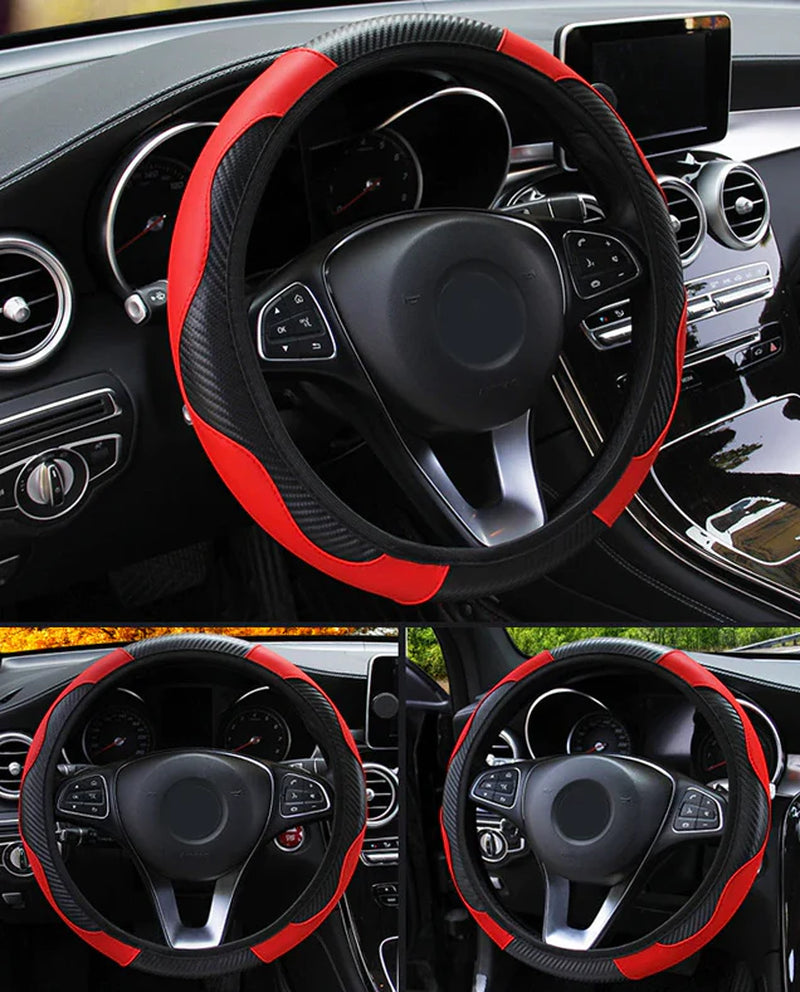 Steering Wheel Cover, Red & Black Carbon Fiber PU Leather, 15 in – image 2