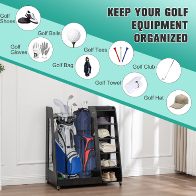 Wooden Golf Bag Organizer for 2 Bags With Shoe Shelves – image 9