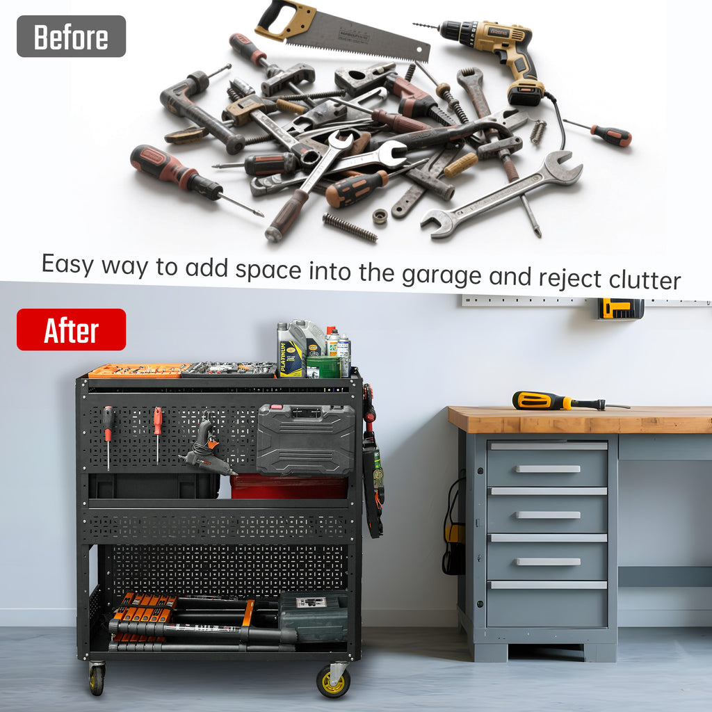 Rolling Tool Cart 3-Tier Steel with Pegboard Sides for Garage