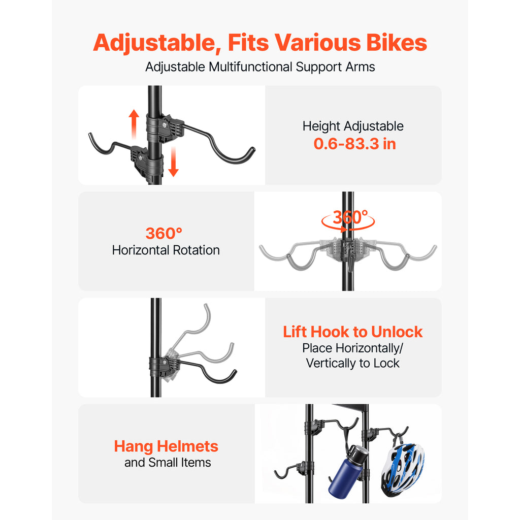 Freestanding Vertical Bike Storage Rack for 4 Bikes, Adjustable Hooks, Black – image 4