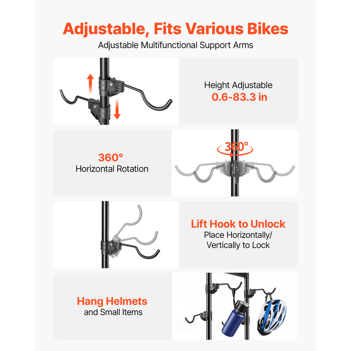 Freestanding Vertical Bike Storage Rack for 4 Bikes, Adjustable Hooks, Black – image 4