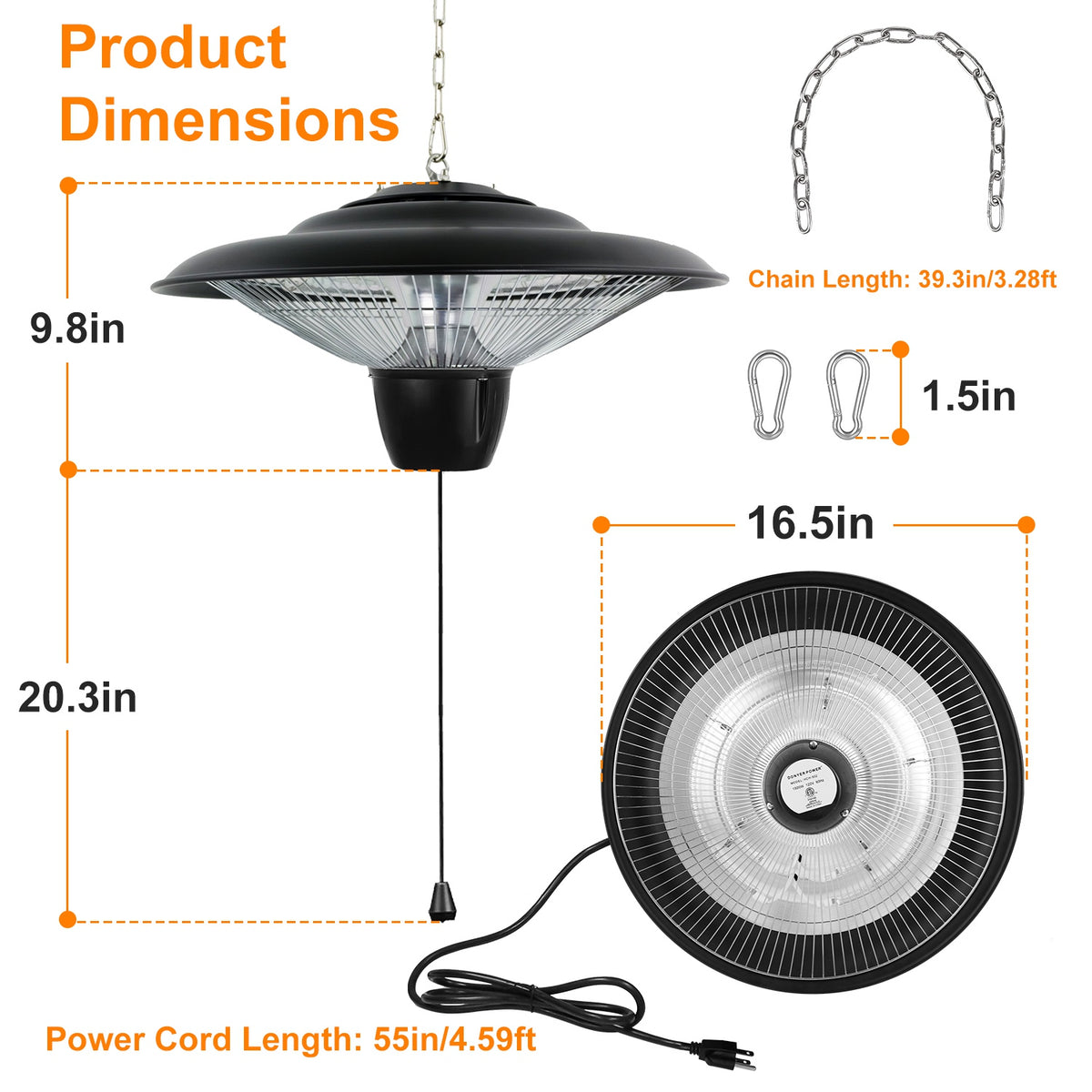 1500W Hanging Electric Patio Heater with Chain and 2 Heat Levels – image 5