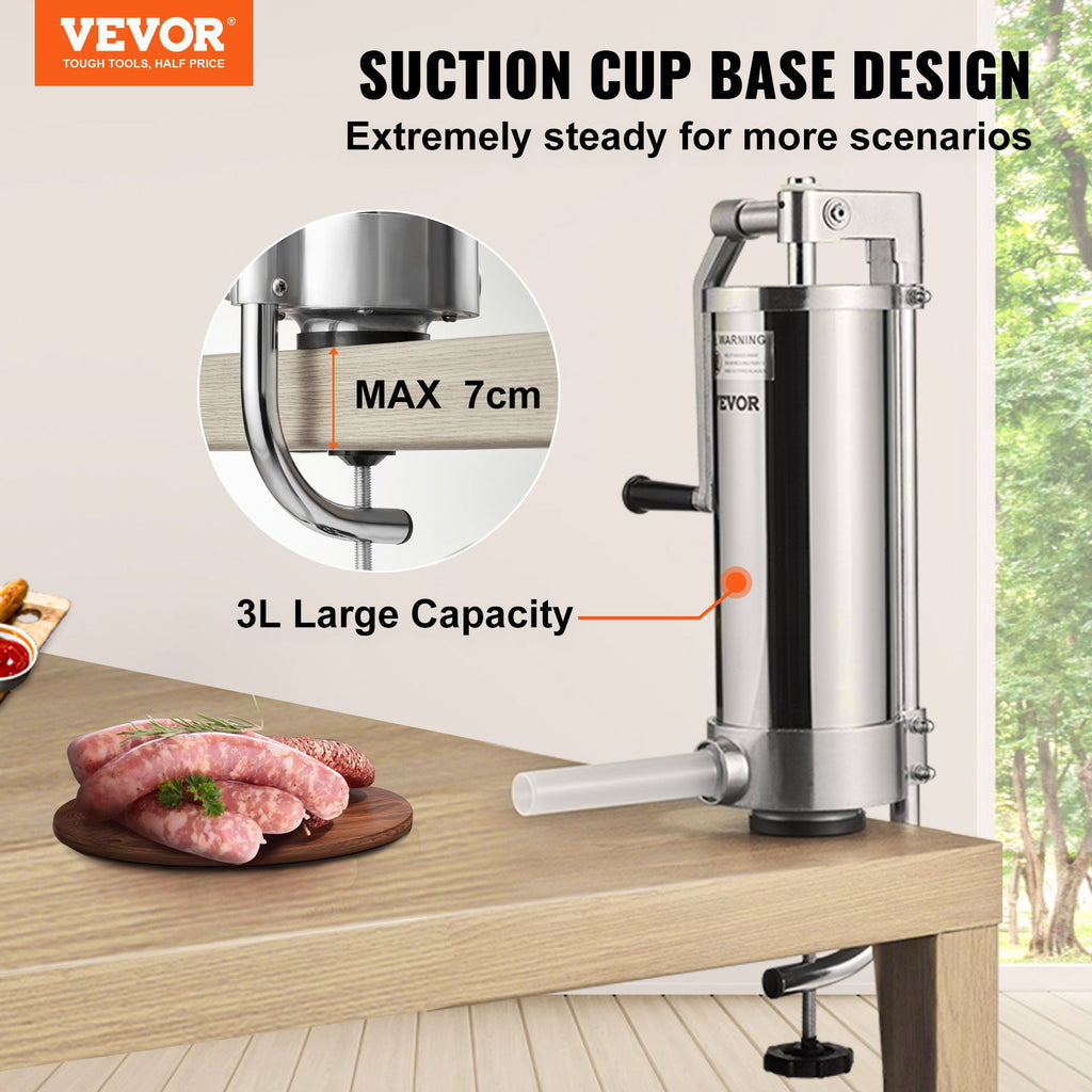 Vertical Sausage Stuffer 5 lb / 3 L, Stainless Steel with 3 Tubes – image 3