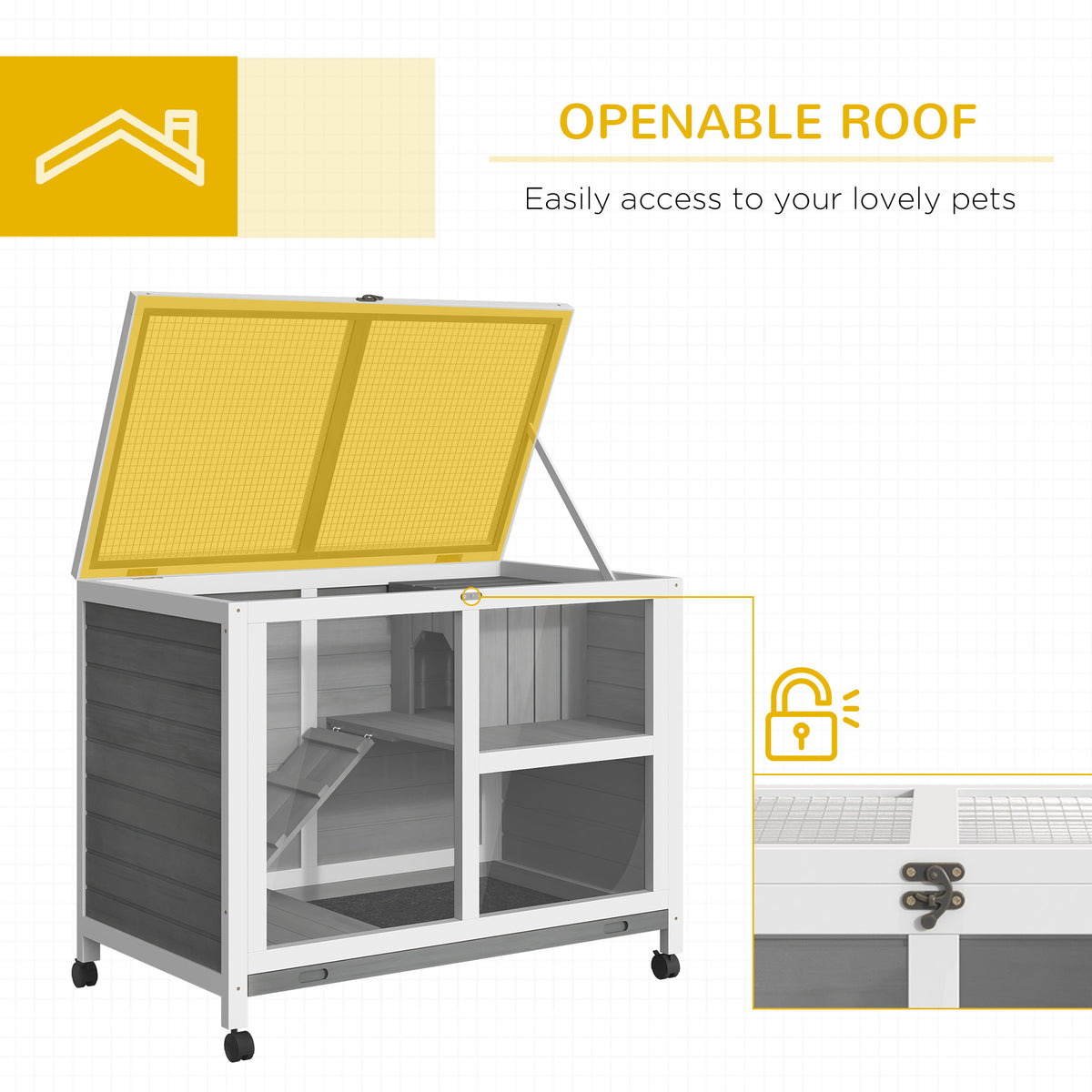 Indoor Rabbit Hutch on Wheels, Desk-Size Wooden Bunny Cage, Gray – image 4