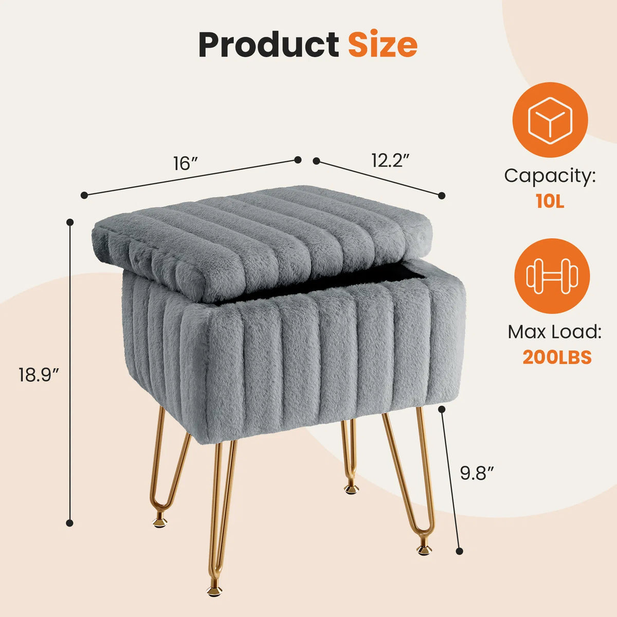 Faux Fur Vanity Stool with Hidden Storage and Gold Metal Legs – image 5