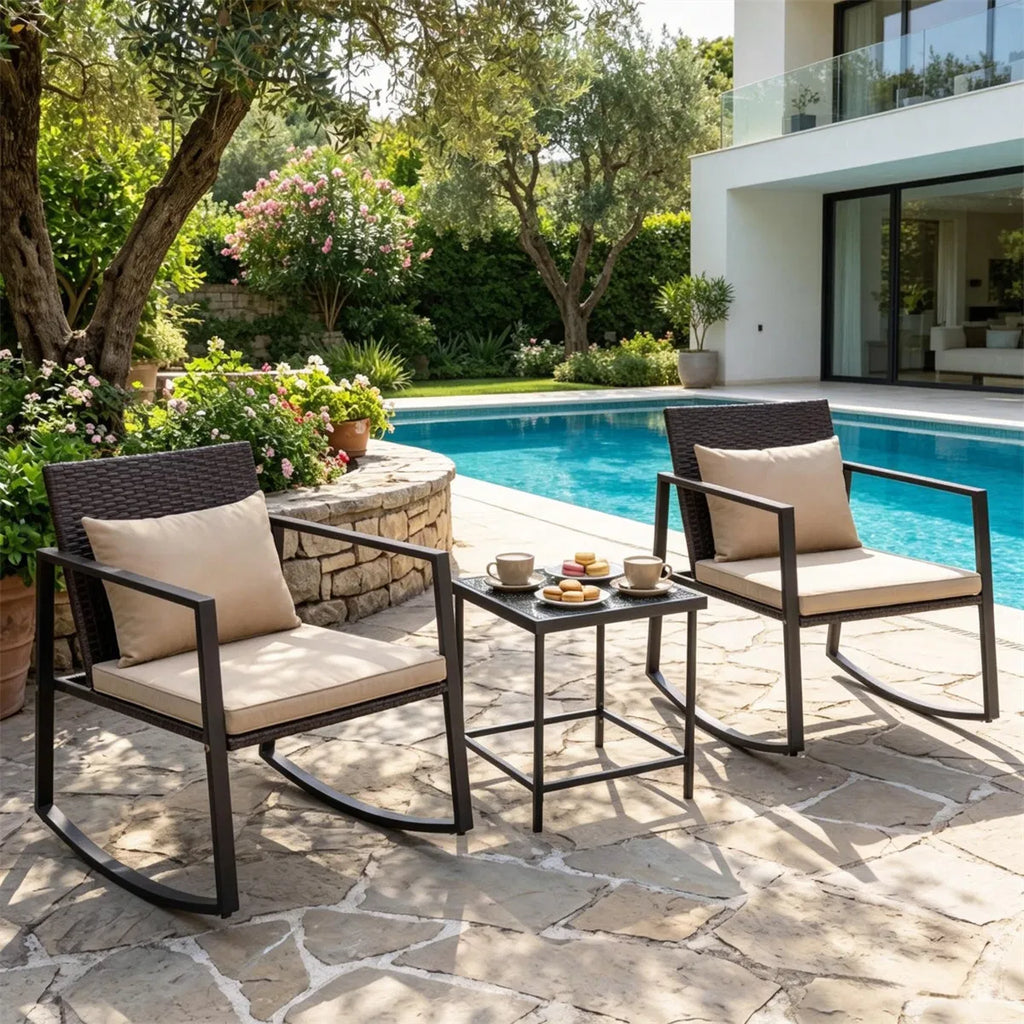 3-Piece Wicker Rocking Chair Set with Glass Side Table, Brown – image 9