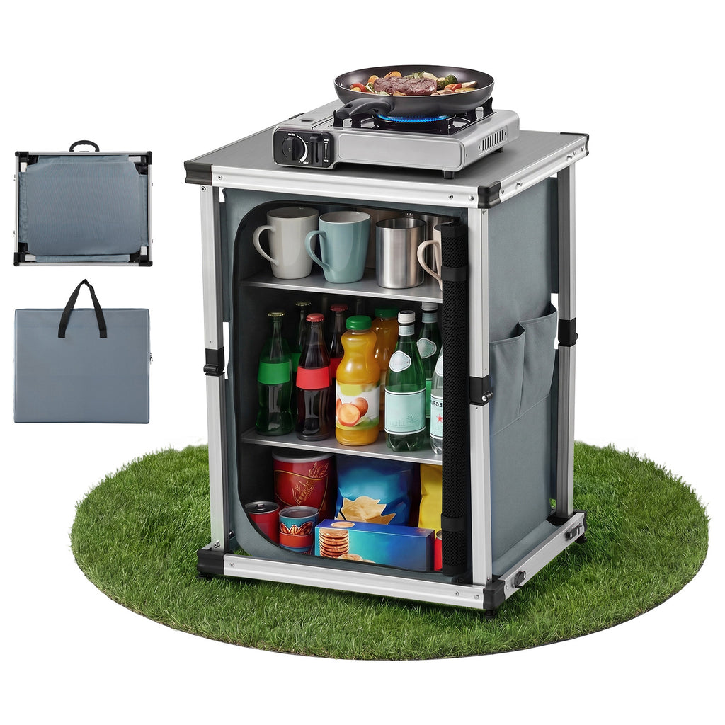 Folding Camping Cabinet, Aluminum Cook Station with 3 Shelves