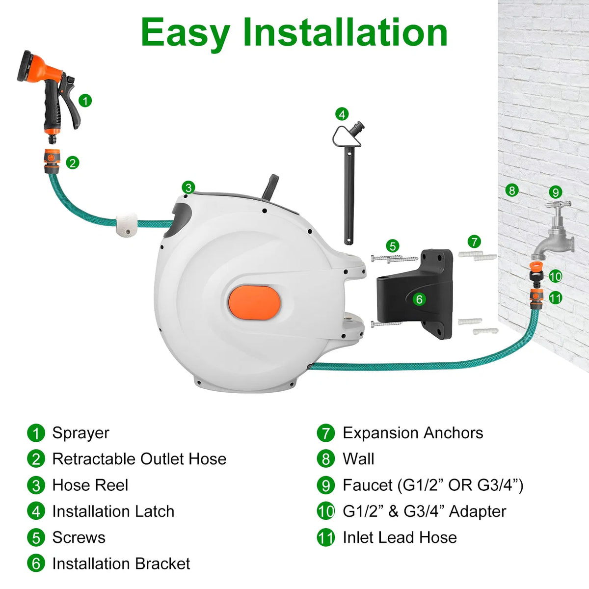 Wall Mount Retractable Garden Hose Reel 98 Ft with Sprayer