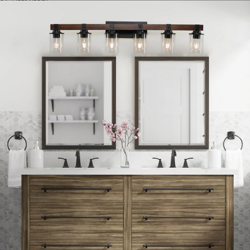 42 Inch Rustic 6-Light Vanity Light with Glass Shades and Wood Accent – image 7