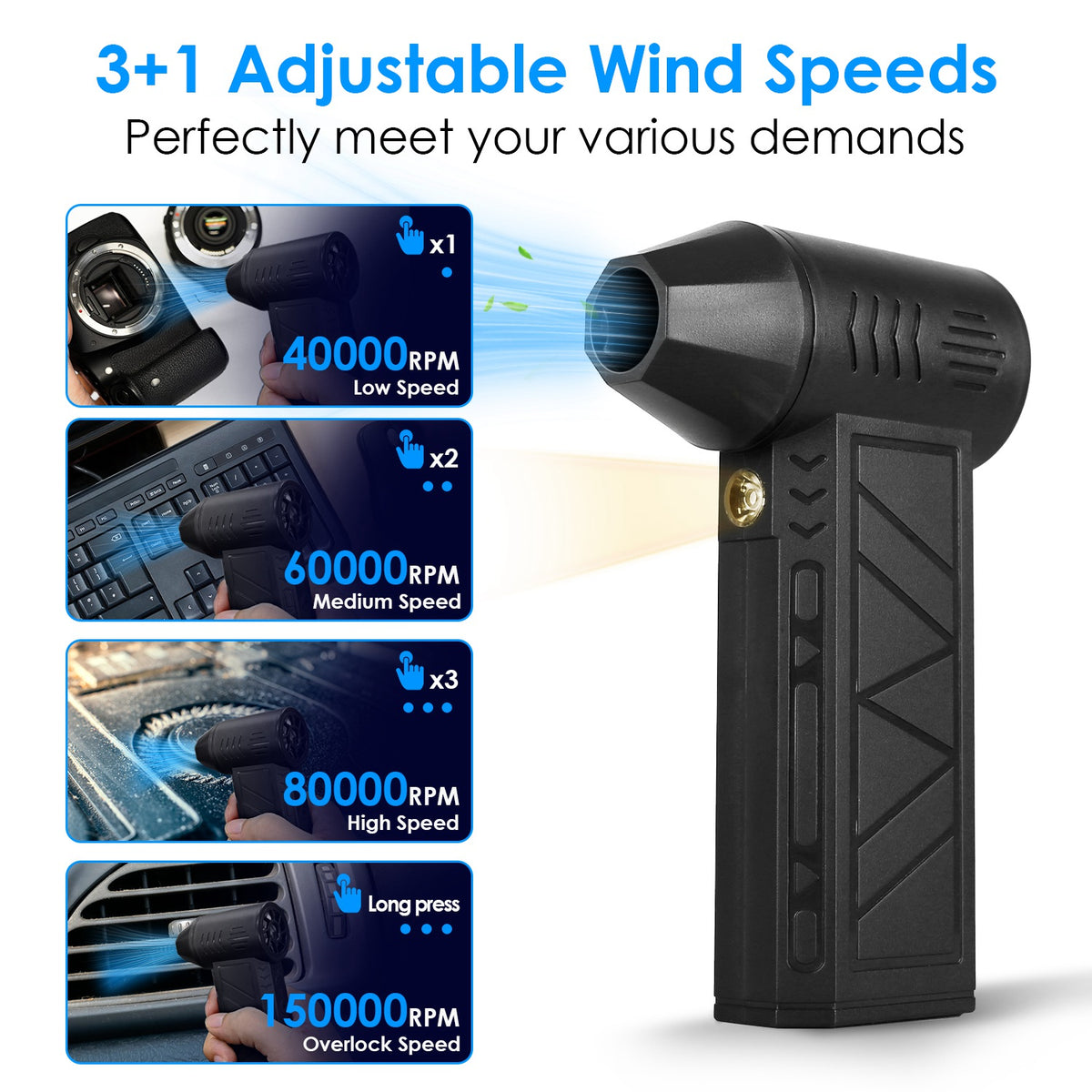 Cordless Electric Air Duster, 150000 RPM, 4 Speeds