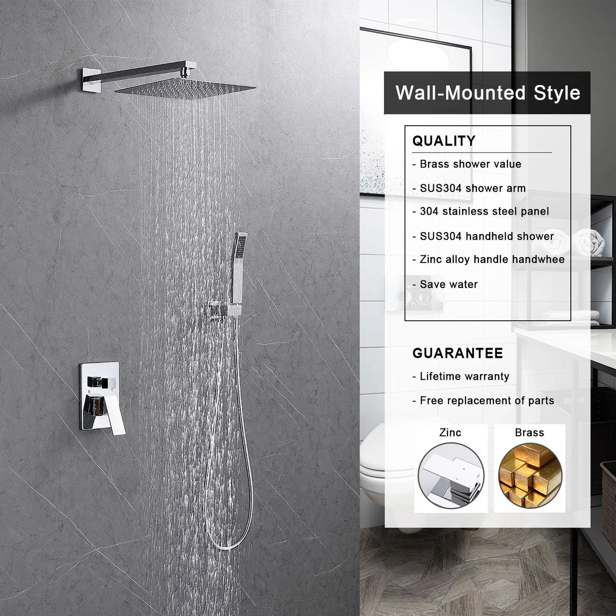 12 in Square Rain Shower Combo Set with Handheld & Rough-In Valve, Chrome