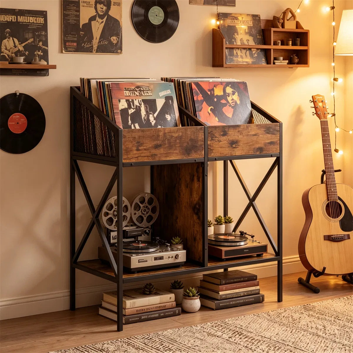 2-Tier Vinyl Record Storage Rack, Industrial Wood and Metal Stand – image 12