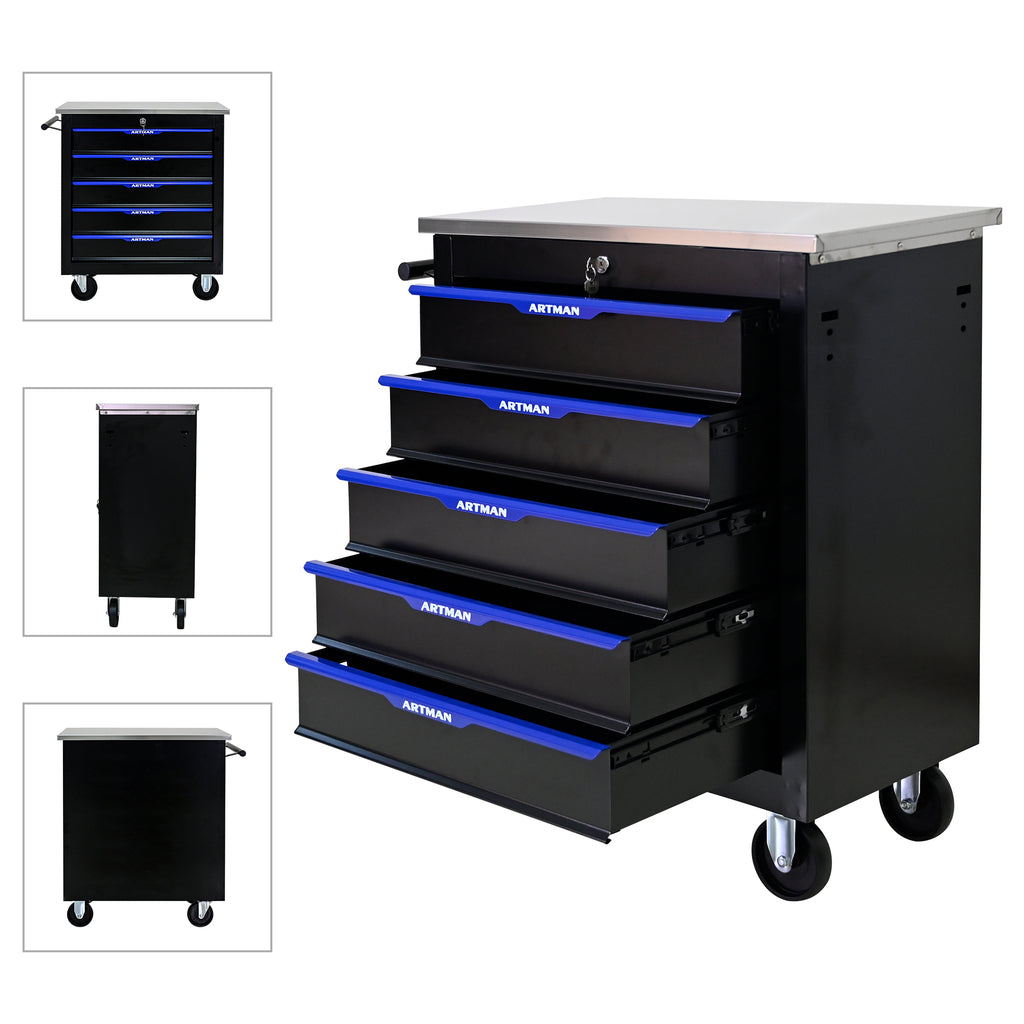 5 Drawer Lockable Tool Cart with Stainless Top and Brake Casters