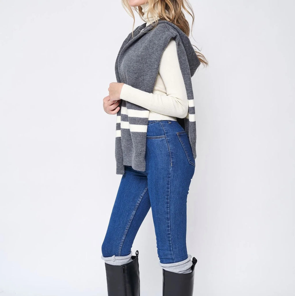 Hooded Sweater Scarf, Striped Knit Hoodie Wrap, Gray – image 13