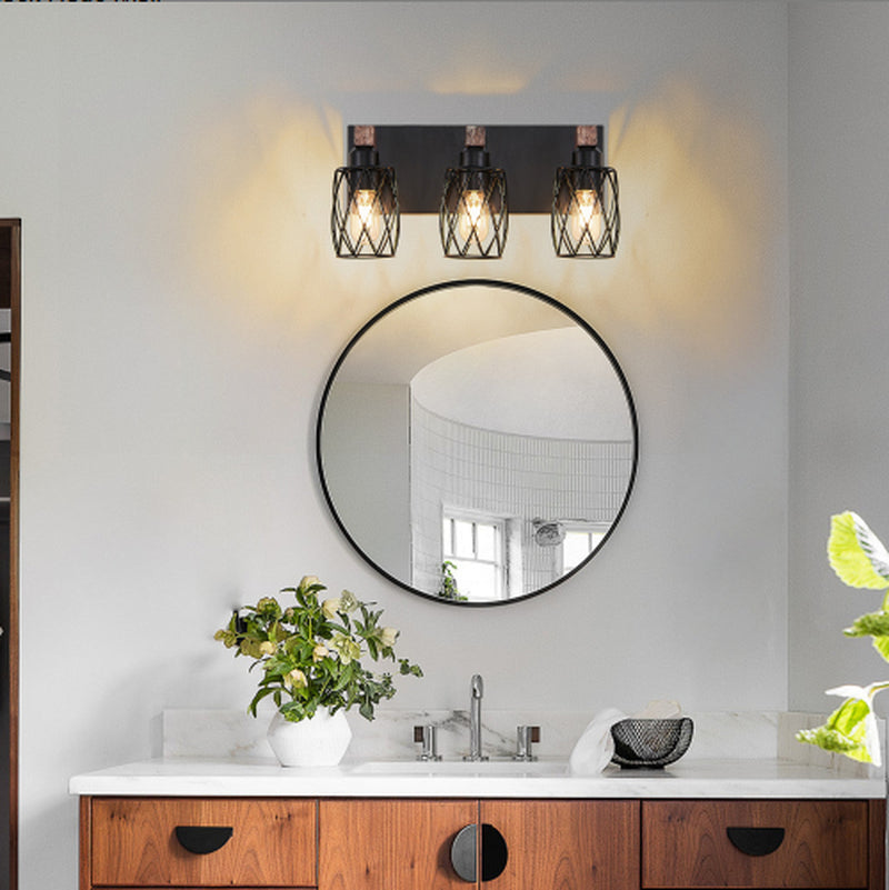 Industrial 3-Light Cage Wall Sconce with Wood Accents 18 Inch