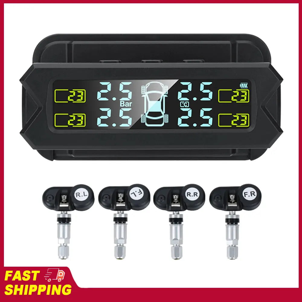 Solar Wireless TPMS - Tire Pressure Monitoring System with 4 Sensors & LCD Display