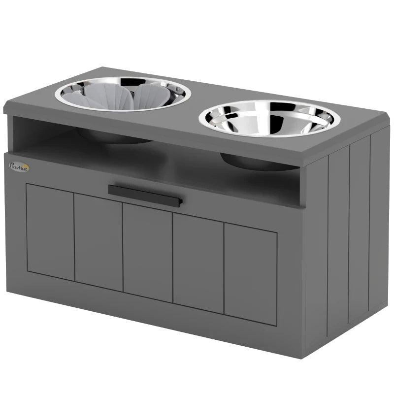 Elevated Dog Bowl Stand with Storage Drawer and 2 Steel Bowls