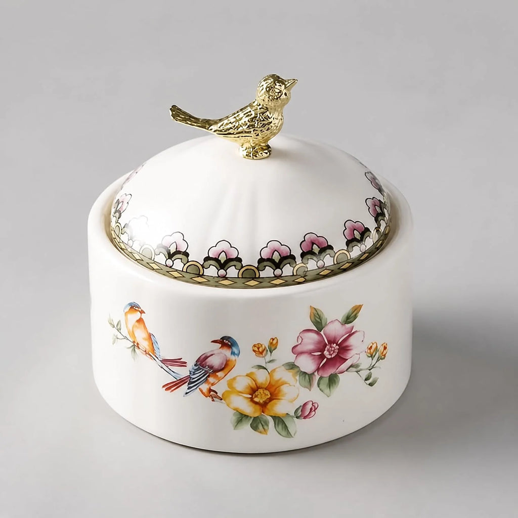Sugar Bowl with Lid, Ceramic Floral Bird Canister, 0.5 L