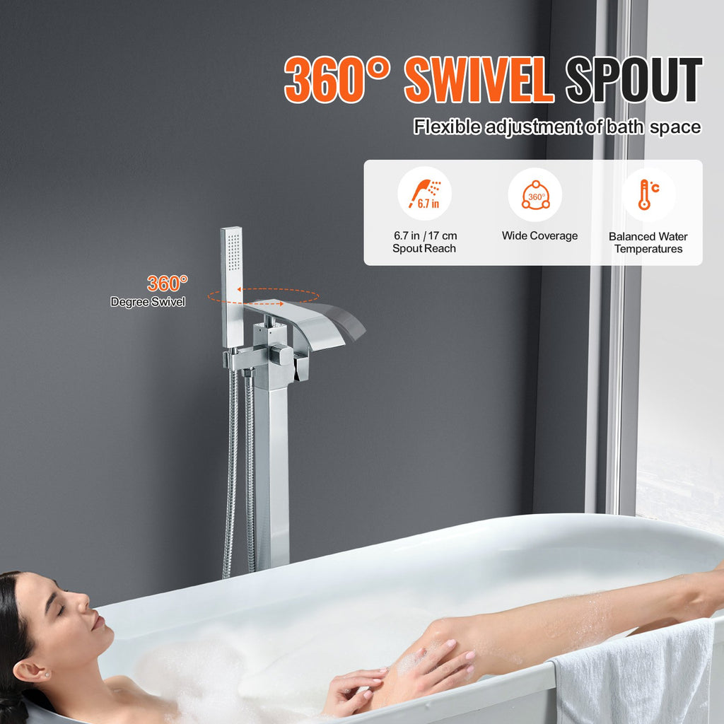 Freestanding Tub Filler Faucet, Floor Mount with Handheld Shower, Brushed Nickel – image 5