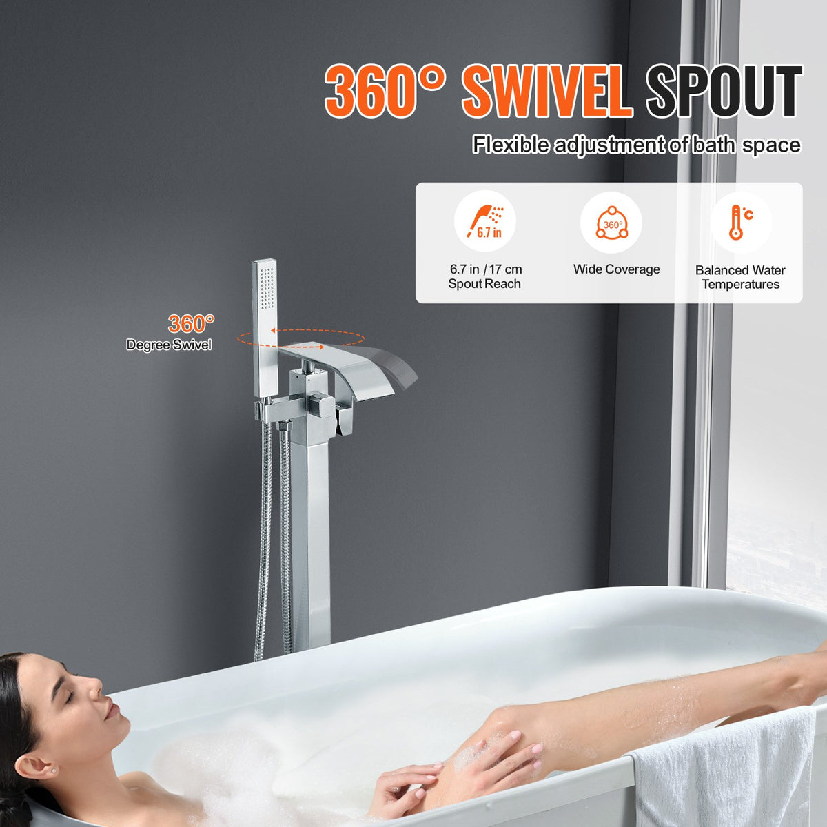 Freestanding Tub Filler Faucet, Floor Mount with Handheld Shower, Brushed Nickel – image 5