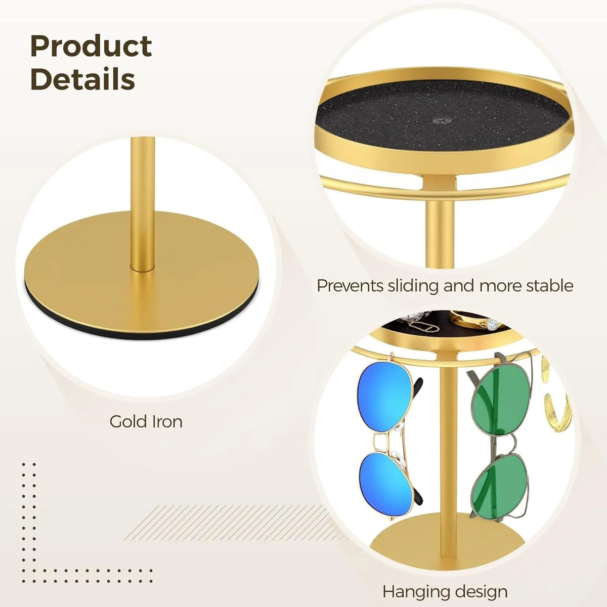 Sunglasses Organizer Rotating Stand, Gold Metal with Jewelry Tray – image 2