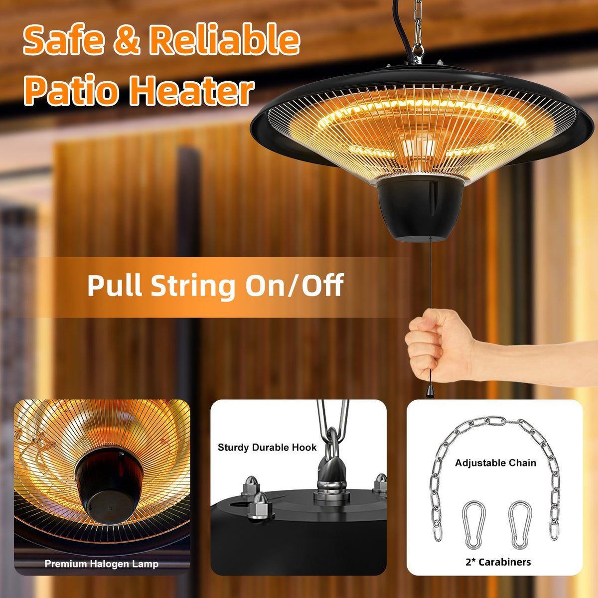 1500W Hanging Electric Patio Heater with Chain and 2 Heat Levels – image 10