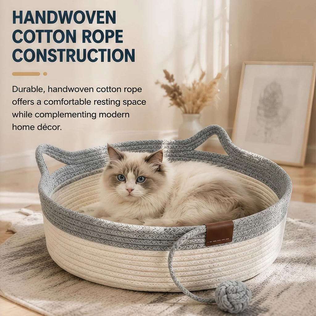 Cat Basket Bed – Handwoven Cotton Rope Nest with Cushion – image 3