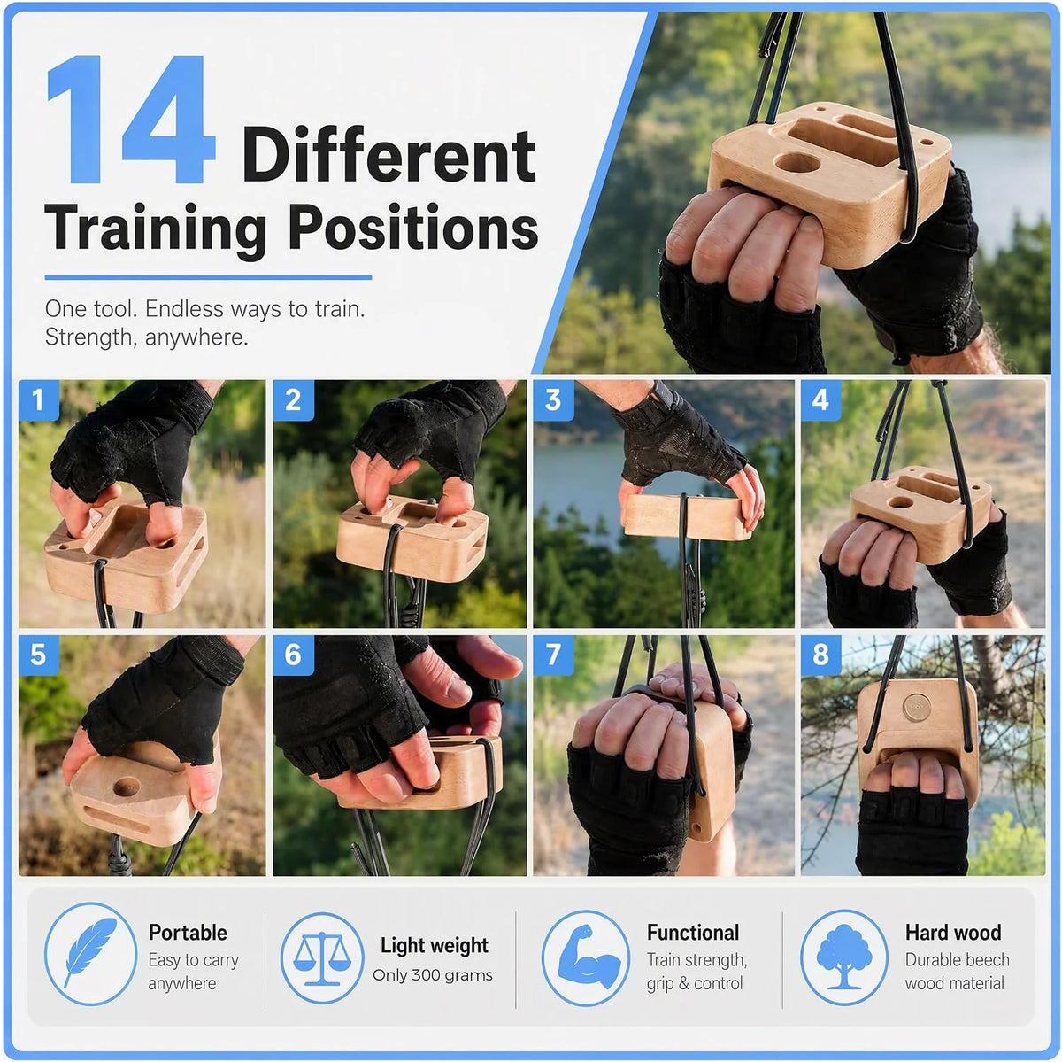 Climbing Hangboard – Portable Beech Wood Grip Trainer, 14 Holds – image 3