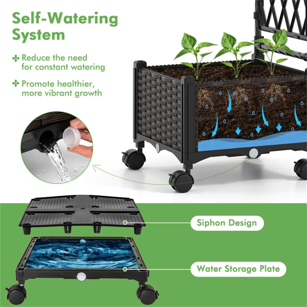 Raised Garden Bed, Self-Watering Vertical with Trellis and Wheels – image 8