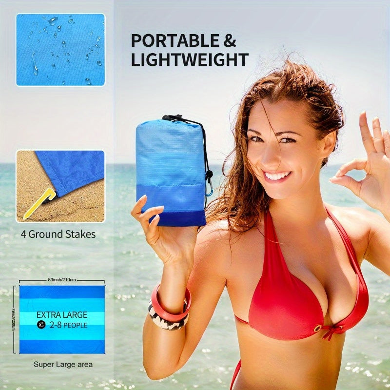 Sandproof Beach Blanket – Extra Large Waterproof Mat with Stakes, Blue – image 7