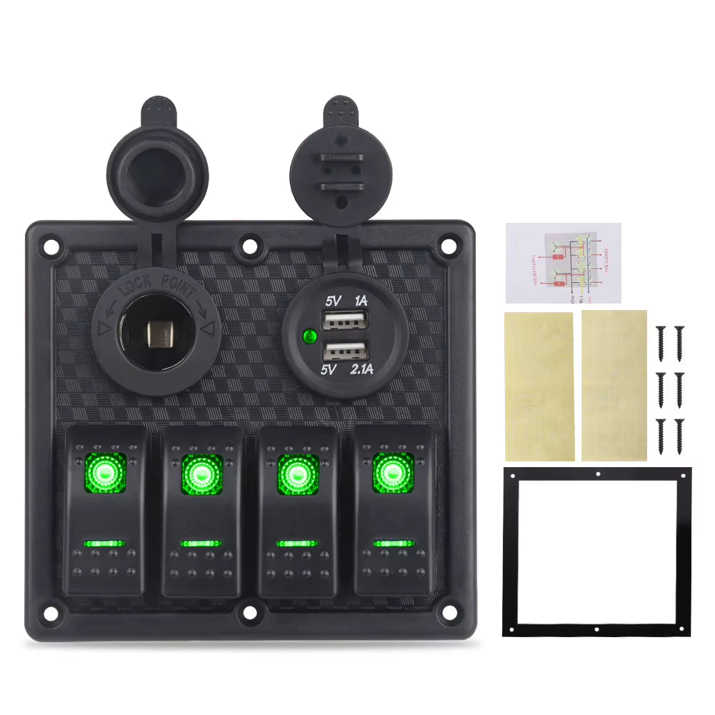 4 Gang Rocker Switch Panel with Dual USB, 12V Waterproof Marine Panel
