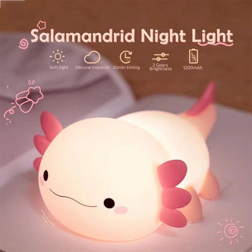 Axolotl Night Light - Silicone Touch Control Nursery Lamp, USB Rechargeable