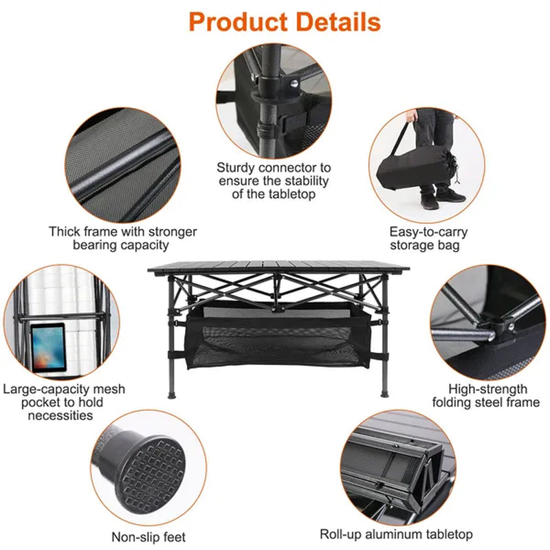 Folding Camping Table with Roll-Up Aluminum Top and Storage Basket – image 4