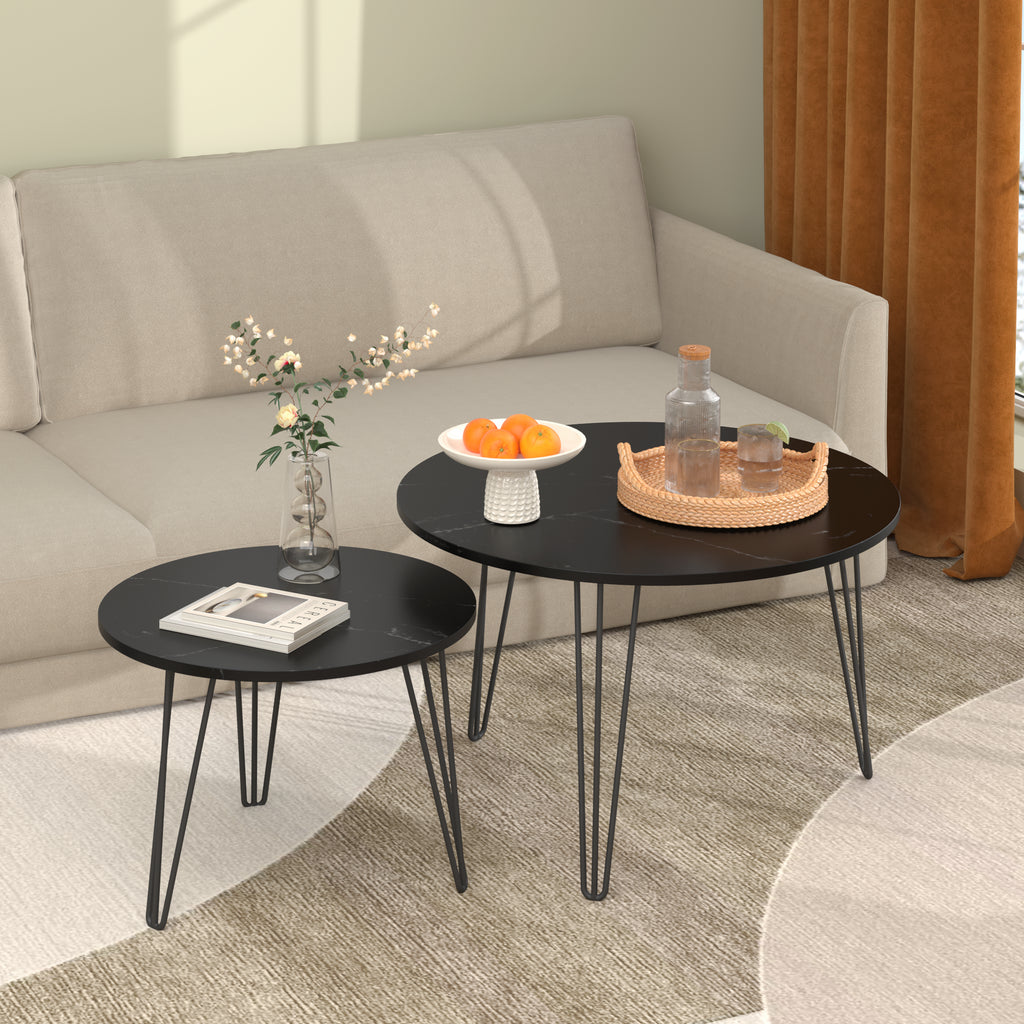 Round Nesting Coffee Tables Set of 2, Faux Marble Top, Black – image 2