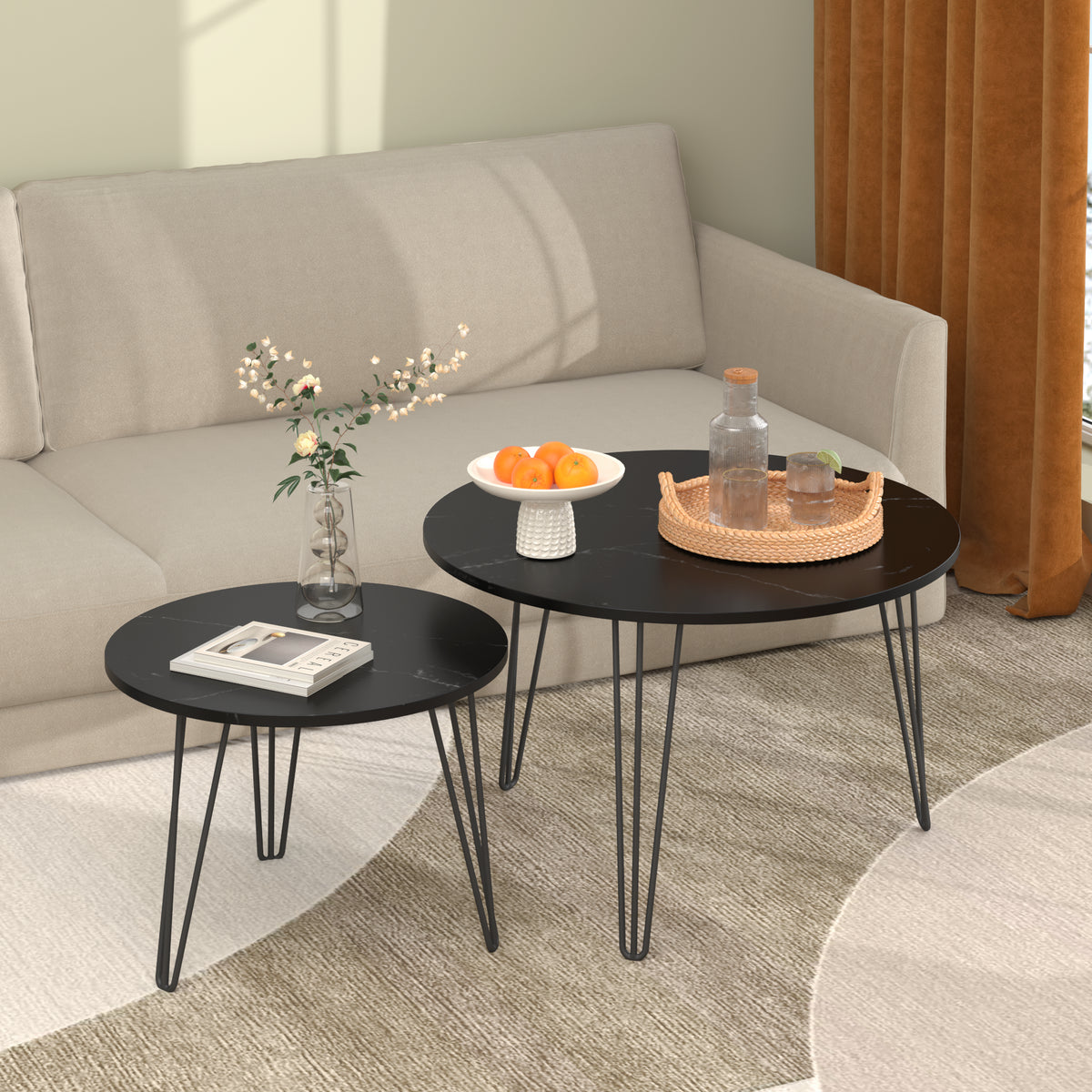 Round Nesting Coffee Tables Set of 2, Faux Marble Top, Black – image 2