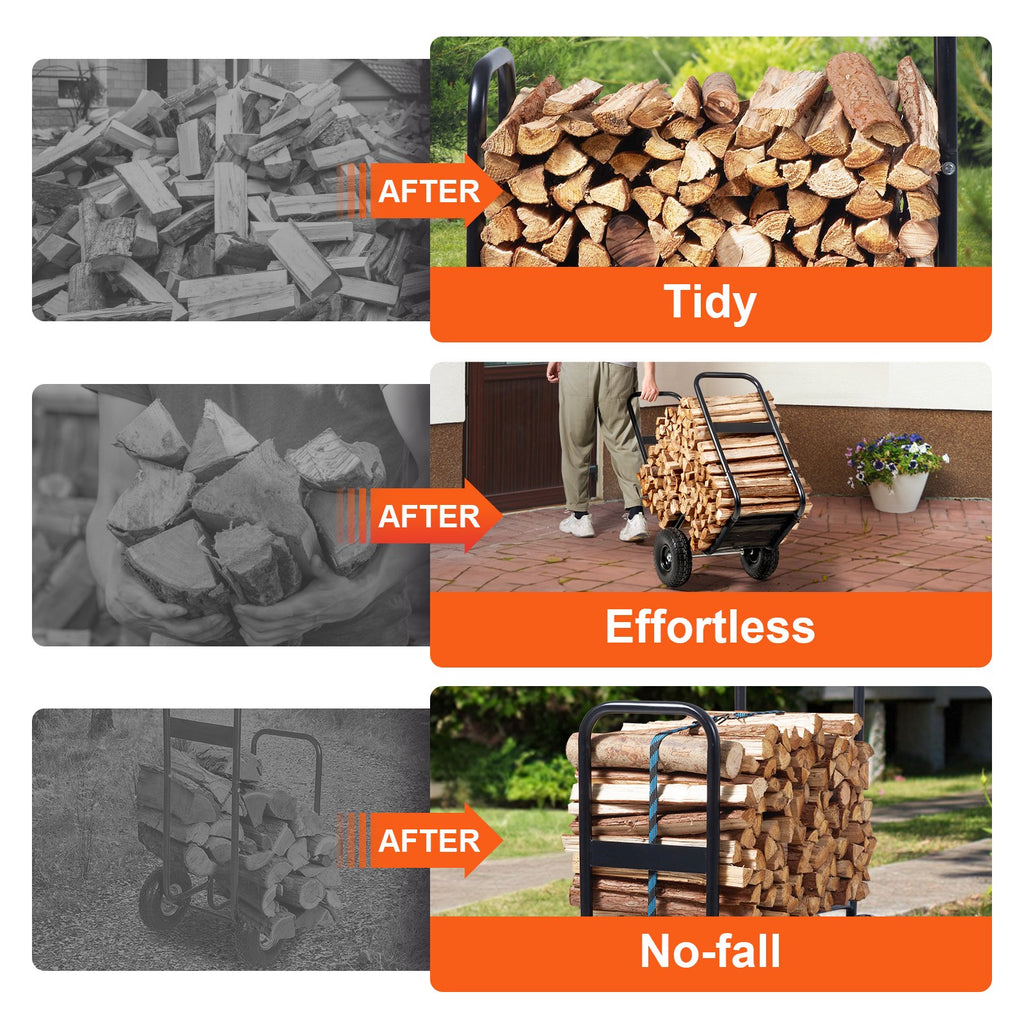 Firewood Log Cart, 250 Lbs Capacity, Outdoor and Indoor Wood Rack Storage Mover with PU Wheels Waterproof Cloth, Heavy Duty Steel Dolly Hauler, Firewood Carrier for Fireplace, Fire Pit, Black
