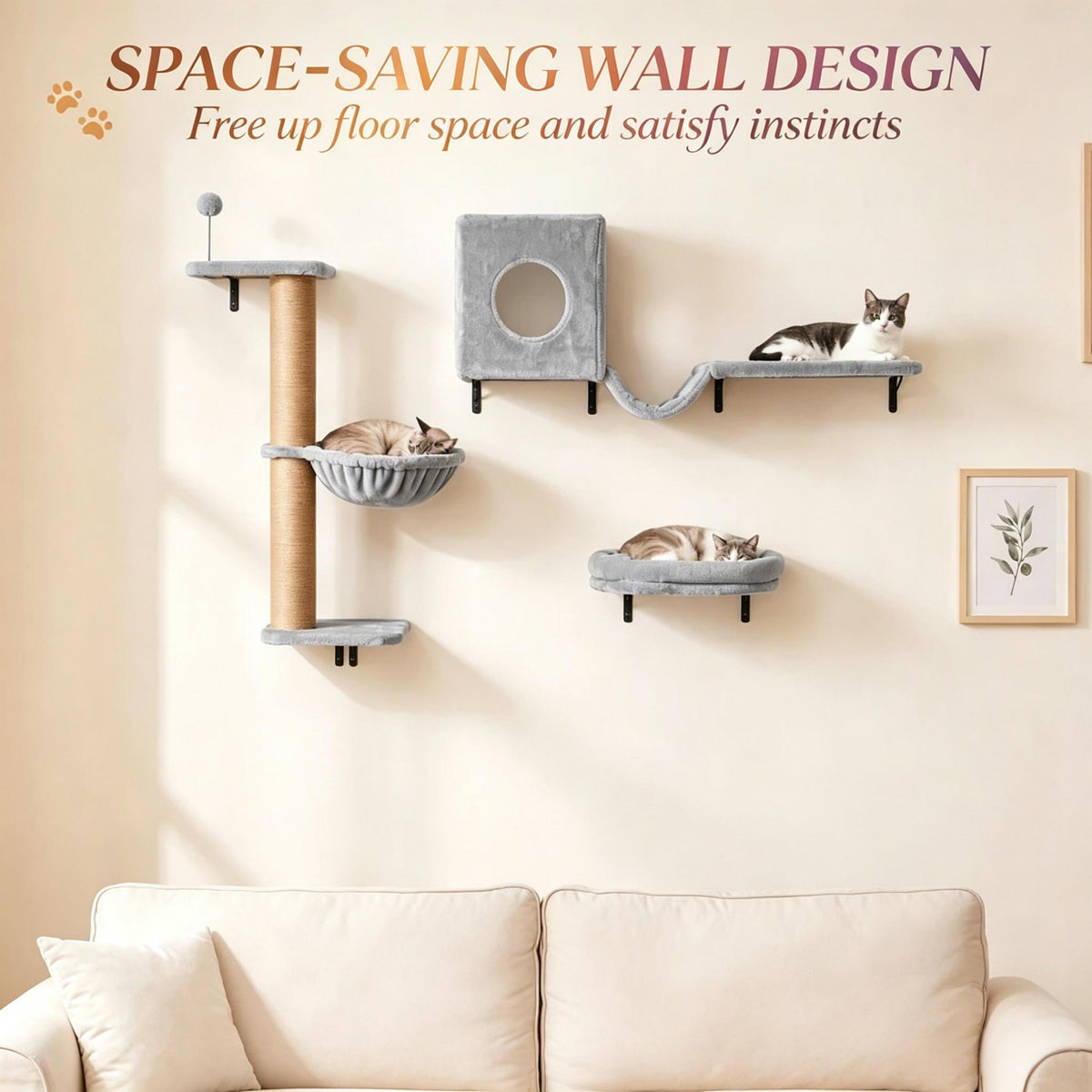 Cat Wall Shelves, 3-in-1 Set with Condo, Hammock and Scratching Post – image 6