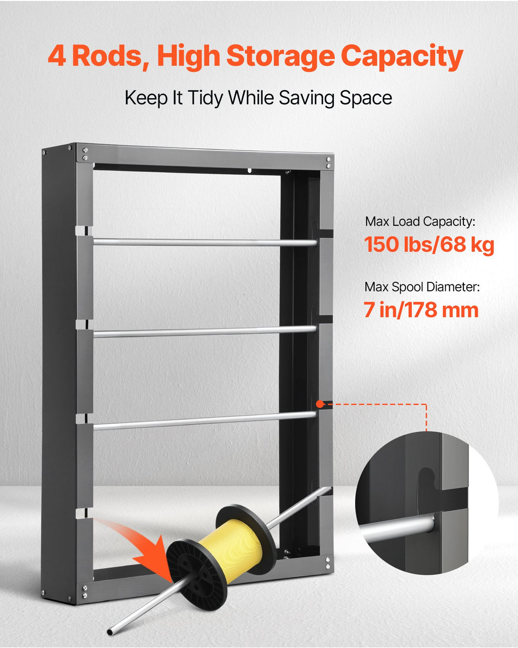 Wall Mounted Wire Spool Rack, 4 Rods, 150 lb Capacity – image 3
