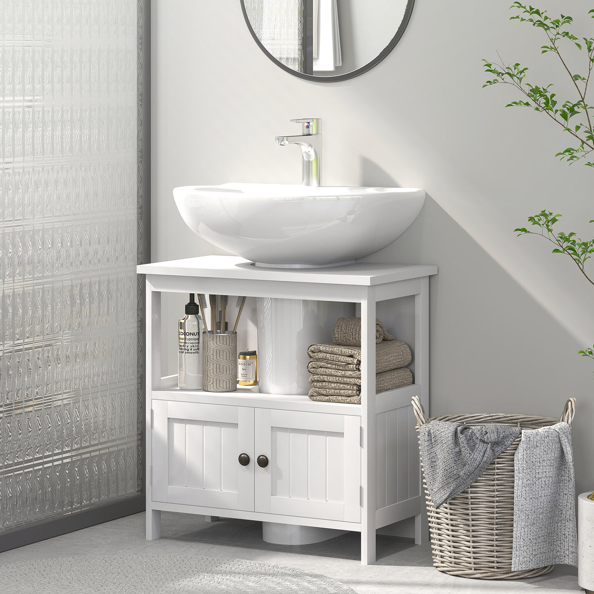 Pedestal Sink Cabinet, Under Sink Storage with 2 Doors, White – image 2
