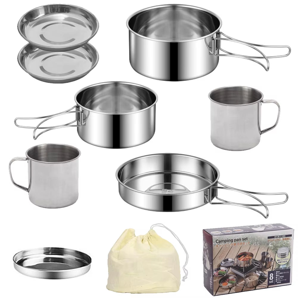 8-Piece Stainless Steel Camping Cookware Set with Pots, Pan and Cups