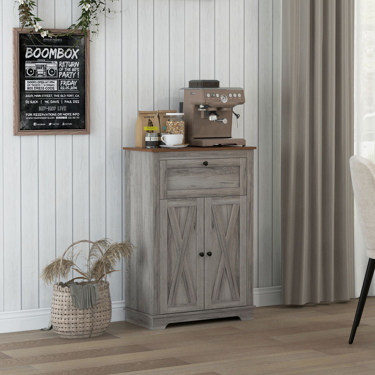 Sideboard Storage Cabinet, Farmhouse Style with Drawer and Doors, Gray – image 2
