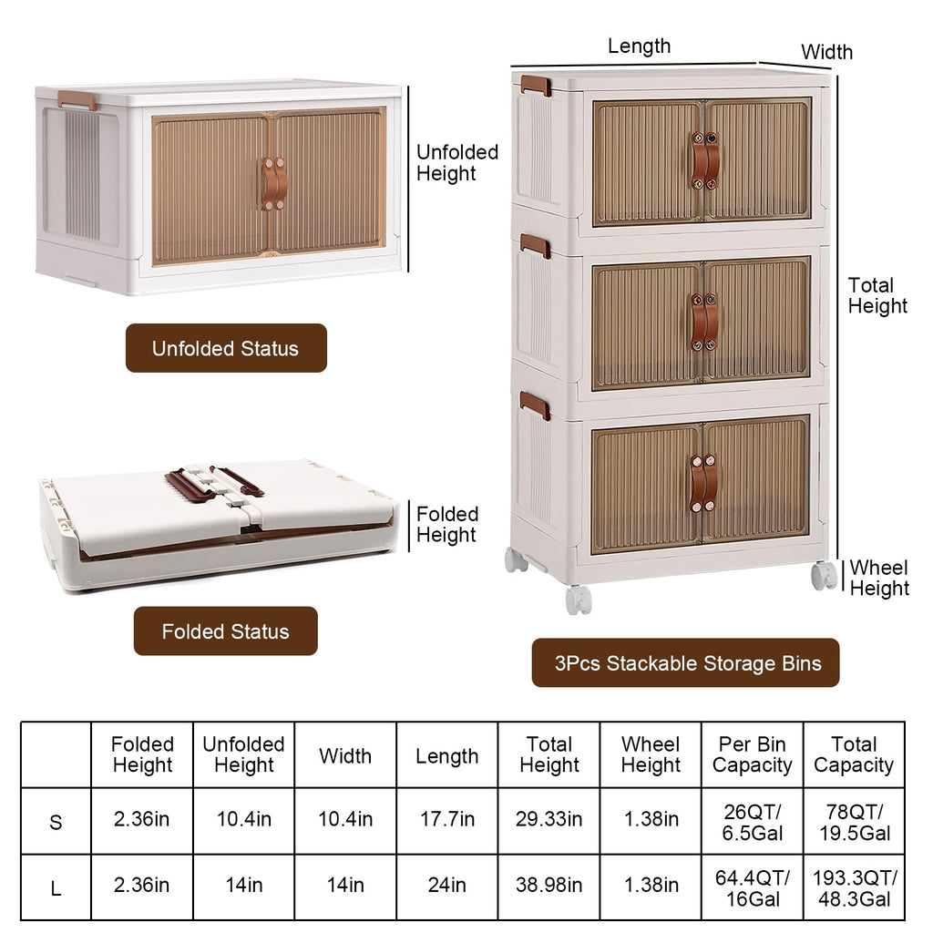 Storage Bins, Foldable 3-Pack with Lid, Wheels and Magnetic Doors – image 3